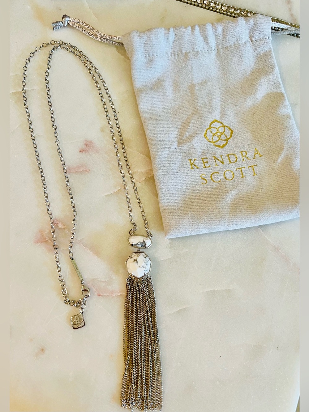 Kendra Scott Tae Long Necklace, Silver with a white howlite pendant and tassel
